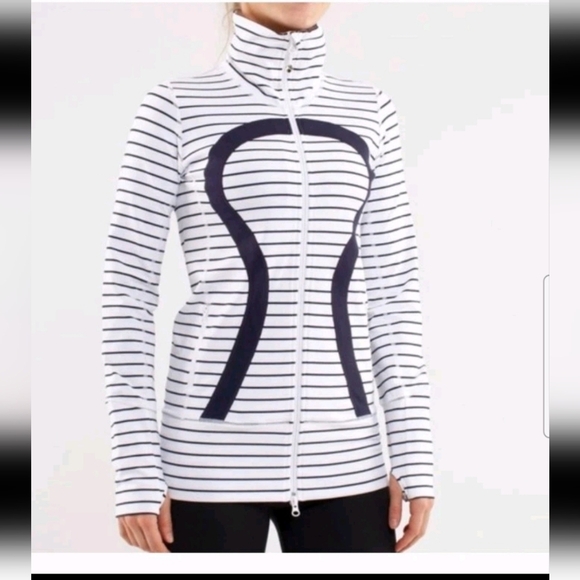 Lululemon Womens Blue And White Long Lenth High Neck Striped Stride Jacket 6 - Picture 1 of 15